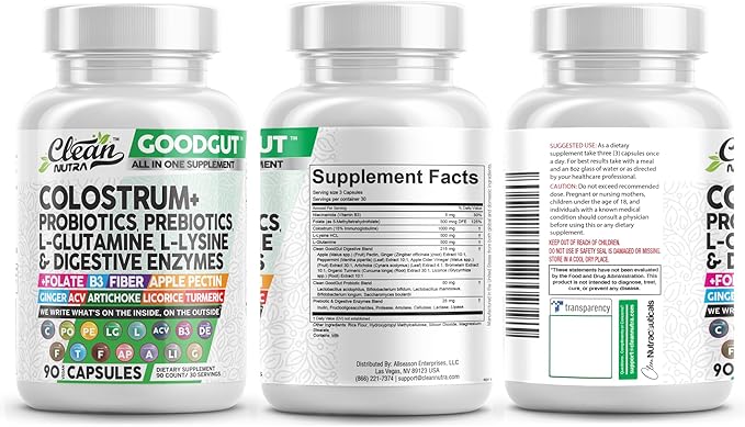 Clean Nutraceuticals Colostrum Supplement Capsules Probiotics Pills Prebiotics, L-Glutamine, Digestive Enzymes, Folate, Fiber, ACV, Turmeric, Apple Pectin and Turmeric Good Gut-StrideForce Fitness