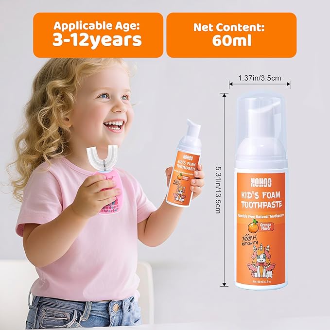 NOHOO Fluoride Free Foam Toothpaste Kids Fruit Flavour,Natural Training Toothpaste for Baby Toddler Children Oral Cleaning and Cavity Protection(2 Orange + 2 Watermelon)