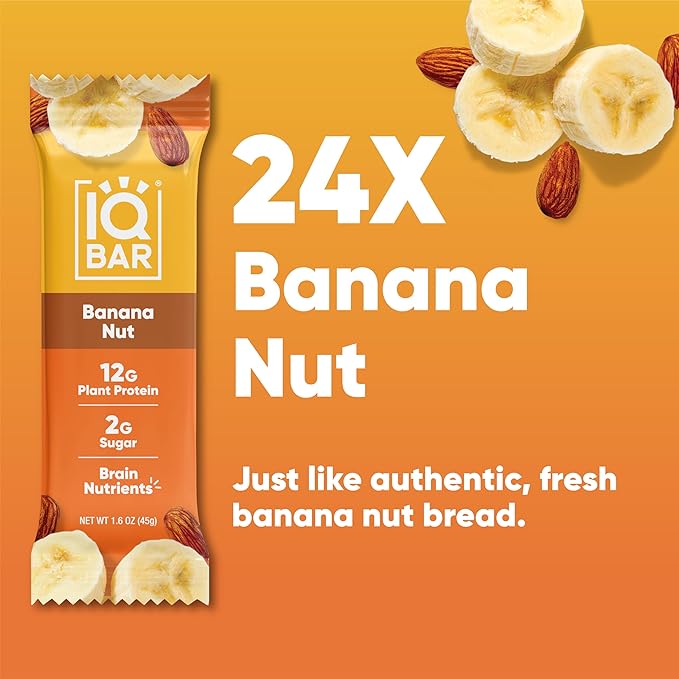IQBAR Brain and Body Plant Protein Bars - Banana Nut - 24-Count Low Carb - Gluten Free, High Fiber, Vegan Snacks - Low Sugar Meal Replacement-StrideForce Fitness