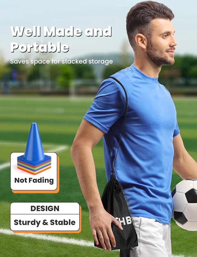 GHB Soccer Cones 7" 9" of 12 24 Pack Disc Soccer Sport Cones Training Field Marker Agility Cones for Basketball, Coaching, Practice Equipment Includes Drills Guide-StrideForce Fitness