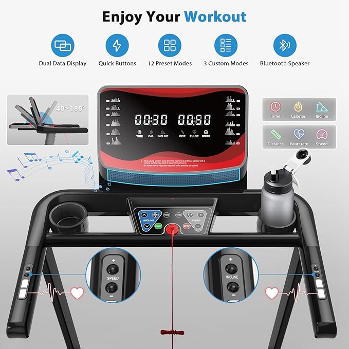 CIIHI Treadmill with Auto Incline - 400 LBS Capacity 15% Auto Incline Treadmill for Home - 0.5-12 MPH Foldable Running Machine with 47.2”x18.1” Belt, APP, Speaker, Speed & Incline Quick Button-StrideForce Fitness