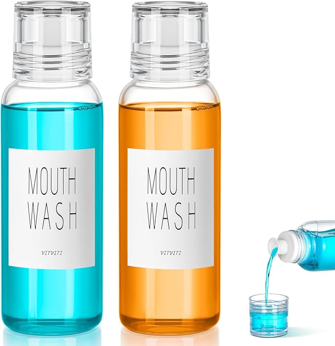 VITVITI Glass Mouthwash Dispenser for Bathroom, 10 OZ Mouth Wash Container Bottle with Lid Cup, Countertop Small Clear Refillable Mouthwash Dispensers Decanter, Set of 2 (White)