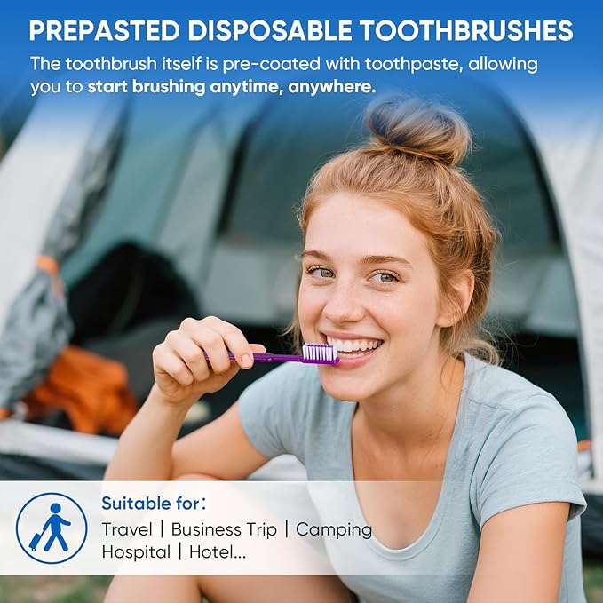 Navona 50 PCS Prepasted Disposable Toothbrushes with Toothpaste, Premium Bulk Toothbrushes Individually Wrapped, Single Use Bulk Toothbrush for Travel, Guests, Hotel, Camping