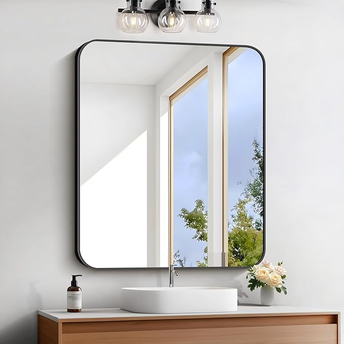 FORBATH Bathroom Mirror 30" x 36", Rectangle Black Bathroom Mirror with Black Aluminum Frame Rounded Corner, Wall Mounted Mirror for Bedroom Entryway Living Room-StrideForce Fitness