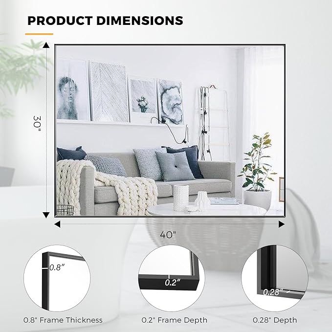 30x40 Inch Black Bathroom Mirror for Wall, Aluminum Frame Rectangle Rectangular Vanity Mirror, Modern Large for Bedroom, Living Room, Horizontal or Vertical-StrideForce Fitness