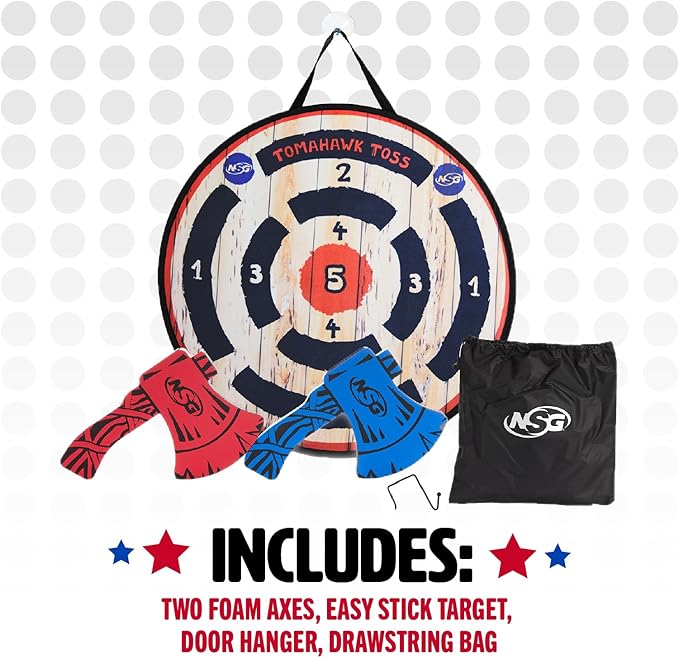 NSG Tomahawk Toss - Foam Axe Throwing Game for Kids - Two Lightweight Axes with Large Easy Stick Target, Wood/Black/red/Blue (JS7000)-StrideForce Fitness