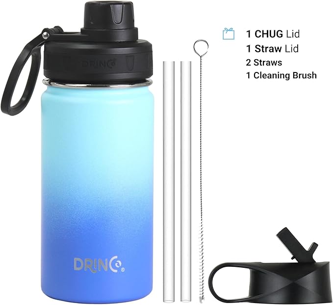 DRINCO Stainless Steel Water Bottle Spout Lid Vacuum Insulated Double Wall Water Bottle Wide Mouth (40oz 32oz 22oz 18oz 14oz) Leak Proof Keeps Cold or Hot (14 oz, 14oz Morning Sky Blue)-StrideForce Fitness