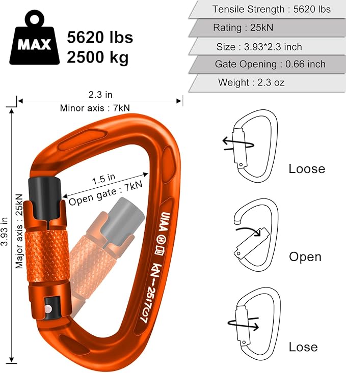 Climbing Carabiner Clips 25kN Auto Locking Carabiner, Professional Heavy Duty Large Locking Carabiner Clips for Rock/Ice Climbing Rappelling Rescue Swing etc, D Shaped, Large Size-StrideForce Fitness