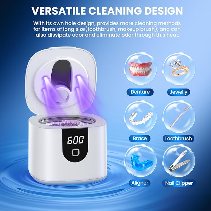 45kHz Ultrasonic Retainer Denture Cleaner Machine, Fast Cleaning for Aligners, Mouth Guards, Braces, Toothbrush Heads & Jewelry, 200ML Dental Cleaning Pod, 4 Modes & Digital Timer, White