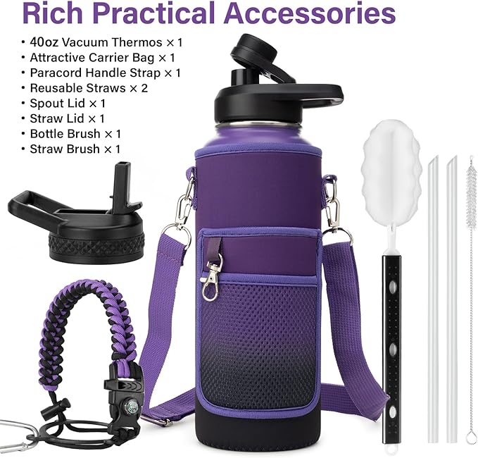 Insulated Water Bottle | Thickened Stainless Steel Vacuum Metal | Portable Sports Water Jug for Gym and Hiking with Straw, Carrier Bag, Handle Strap | BPA-Free 40 oz-StrideForce Fitness