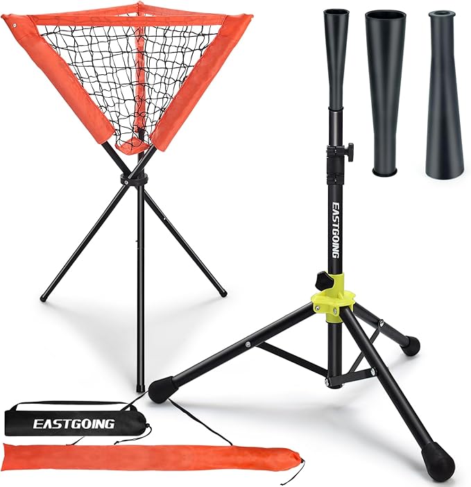 Eastgoing Heavy Duty Baseball and Softball Portable Travel Batting Tee with Baseball Ball Caddy.Easy Adjustable Height | Portable & Collapsible.Hitting Tee for Any Age Player Baseball-StrideForce Fitness