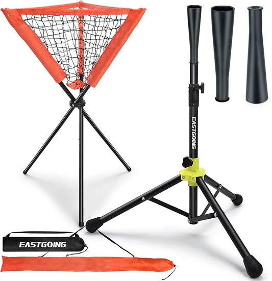 Eastgoing Heavy Duty Baseball and Softball Portable Travel Batting Tee with Baseball Ball Caddy.Easy Adjustable Height | Portable & Collapsible.Hitting Tee for Any Age Player Baseball-StrideForce Fitness