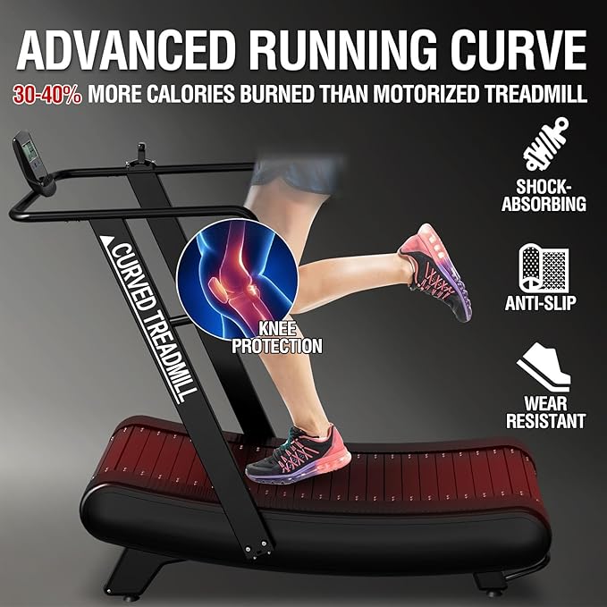 Mikolo Curved Manual Treadmill, Non Electric Treadmill with 8 Resistance Levels, LCD Digital Monitor Shock Absorption, Multi-Grip Adjustable Handrails, Non-Slip Belt-StrideForce Fitness
