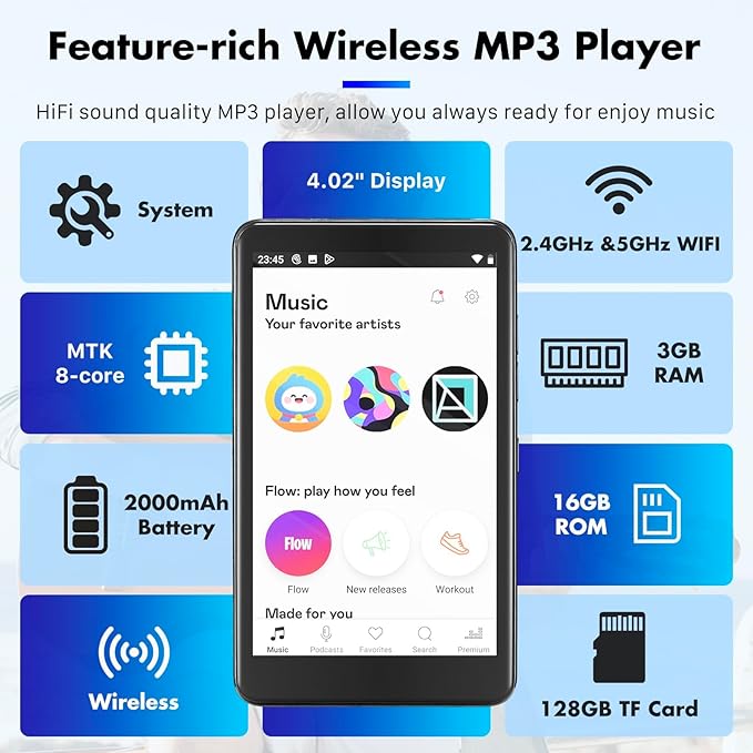 144GB MP3 Player with Bluetooth and WiFi, Android 13 Music Player 4-inch Touch Screen mp4 Players with Bluetooth with Spotify tiktok YouTube Amazon Music, MP4&MP3 Player up to 1TB (Black)-StrideForce Fitness