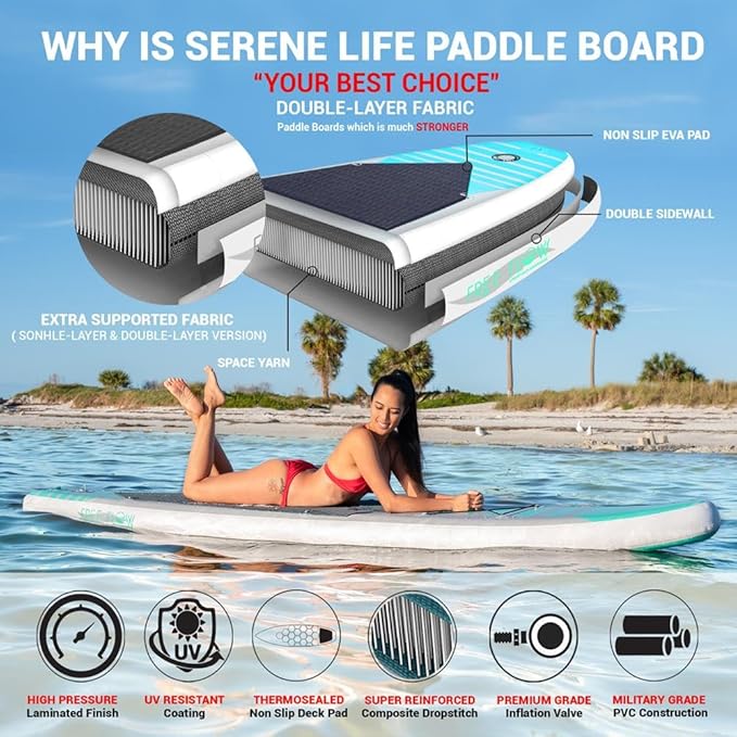 SereneLife Inflatable Stand Up Paddle Board with Premium SUP Accessories – Wide Stable Design with Non-Slip EVA Deck Pad for Adults and Youth of All Skill Levels-StrideForce Fitness