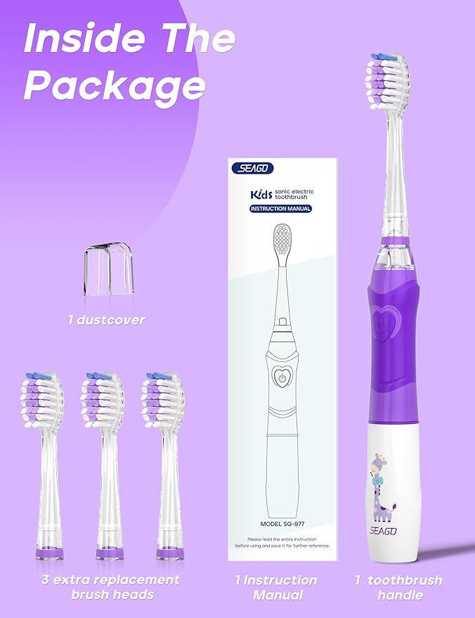 SEAGO Kids Electric Toothbrush with 2 Mins Brushing Timer and 4 Replacement Bursh Heads,Rainbow LED Light Make Brushing Fun, Purple Color Girls Battery Powerd Toothbrush for 4-12 Years Old，SG-977
