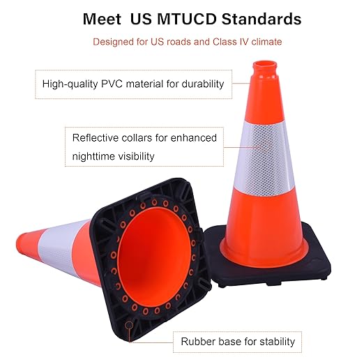 OrangeStar 8Pack 18" Orange Traffic Safety Cones, PVC Parking Cone Construction Cones w/Reflective Collar Heavy Duty Rubber Base for Driving Practice, Parking Lots and Roadwork-StrideForce Fitness