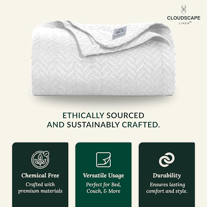 Herringbone Cotton Twin Blanket for Couch, Bed,Sofa, Home Decor, Soft, Lightweight, All-Season Bed Blanket, 68 x92, White-StrideForce Fitness