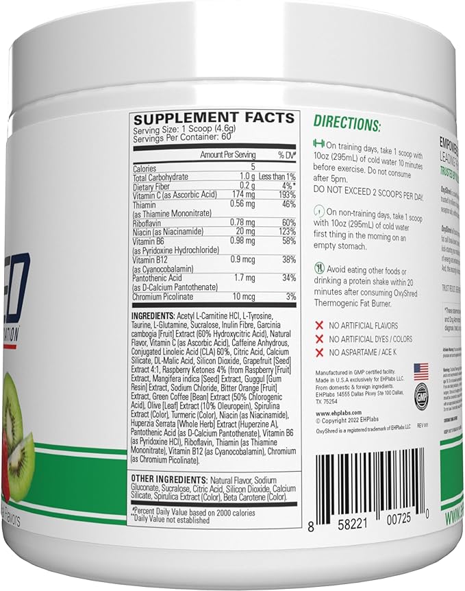 EHP Labs OxyShred Pre Workout Powder - Preworkout Powder with L Glutamine & Acetyl L Carnitine, Energy Boost Drink - Kiwi Strawberry, 60 Servings-StrideForce Fitness