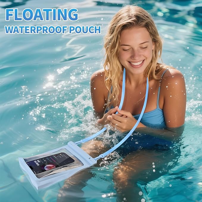 Large Waterproof Phone Pouch Floating, [Double Seals] IPX8 Waterproof Pouch for Beach Vacation, Cell Phone Dry Bag for iPhone Samsung Google All Phones Light Blue-StrideForce Fitness