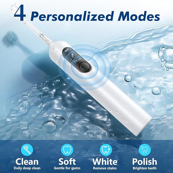 Sonic Electric Toothbrush for Adults with 6 Replacement Brush Heads and 4 Cleaning Modes, Rechargeable Toothbrush, Smart Timer, LCD Display, 4-Hour Fast Charge, IPX7 Waterproof, Travel-Friendly White
