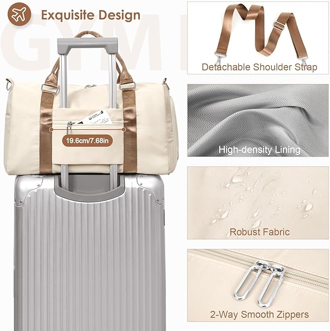 FIORETTO Womens Gym Tote Duffle Bag with Toiletry Bag, Sports Duffel Overnight Hospital Workout Carry on Bag for Girls with Wet Pocket & Shoe Compartment, Ideal for Travel, Swimming, Beige & Brown-StrideForce Fitness
