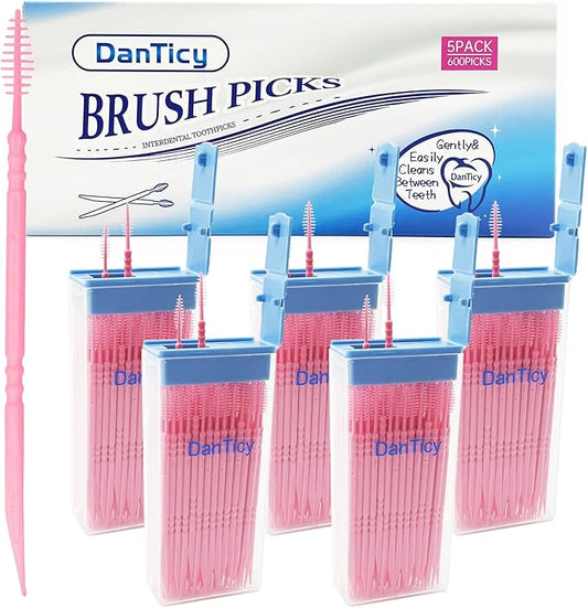 Brushpicks Interdental Toothpicks,Soft Bristle Dental Floss Picks Toothpicks,Helps Removes Plaque and Debris Between Your Teeth 600PCS (Pack of 5) Strawberry