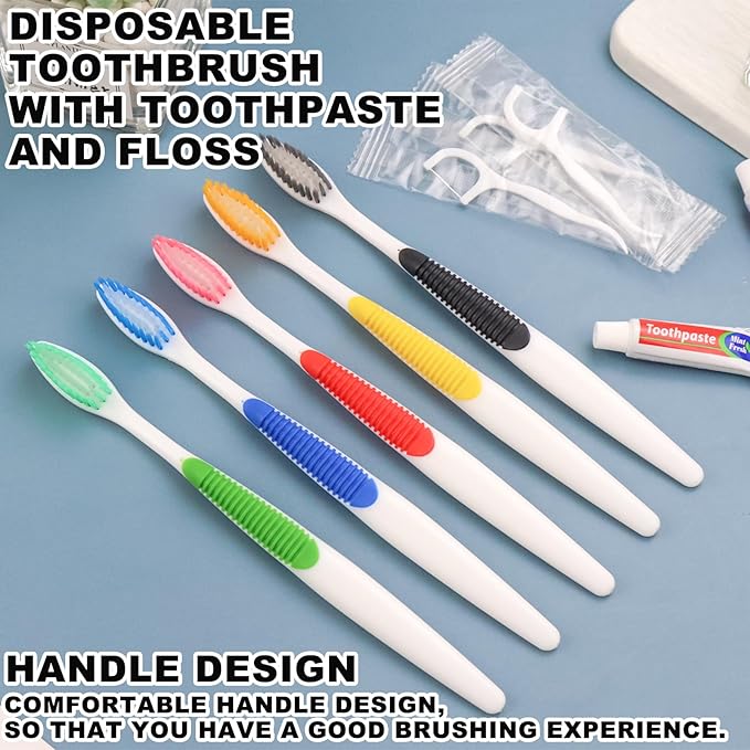 HAIFOTRVA Disposable Toothbrushes with Toothpaste and Floss,50pcs Single Use Individually Wrapped Disposable Travel Toothbrushes and Dental Floss Kit Bulk for Homeless,Airbnb,Dentist,Hotel(5 Colors)