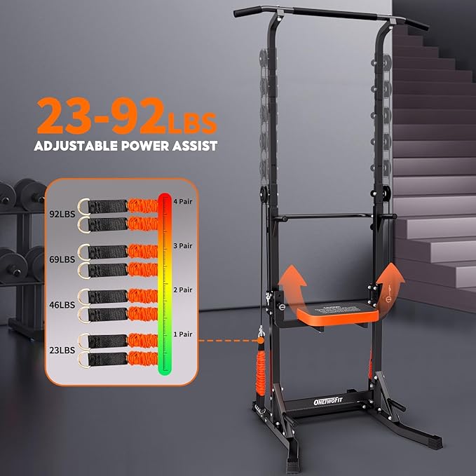 ONETWOFIT Power Tower Pull Up Bar Station Assistive Trainer, Multi-Function Adjustable Height Dip Station for Home Gym Workout, Strength Training Fitness Equipment, Pull Up Stand 360LBS-StrideForce Fitness
