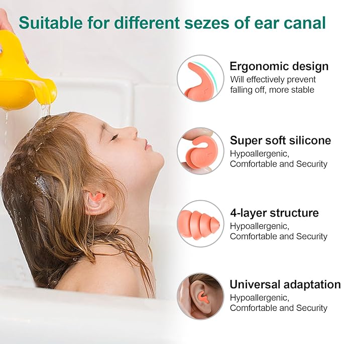 Kids Swimming Ear Plugs,3 Pairs Waterproof Reusable Silicone Child Swim Earplugs for Swimming Surfing Bathing Showering,Small Children Water Ear Plugs Suitable for Boys and Girls (Kids 4-12 Years Old)-StrideForce Fitness