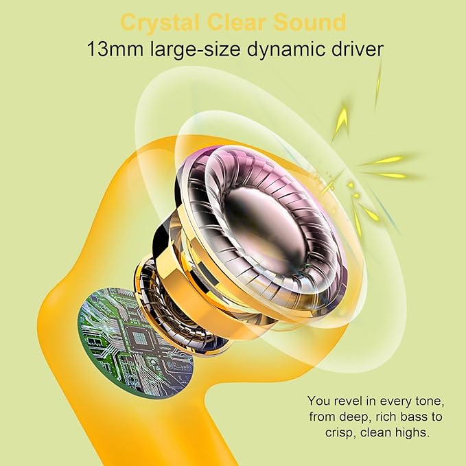 Wireless Earbuds, Bluetooth 5.4 Headphones in Ear with Noise Cancelling Mic, Bluetooth Earbuds Stereo Bass, IP7 Waterproof Sports Earphones, 32H Playtime USB C Charging Ear Buds Yellow for Android iOS-StrideForce Fitness