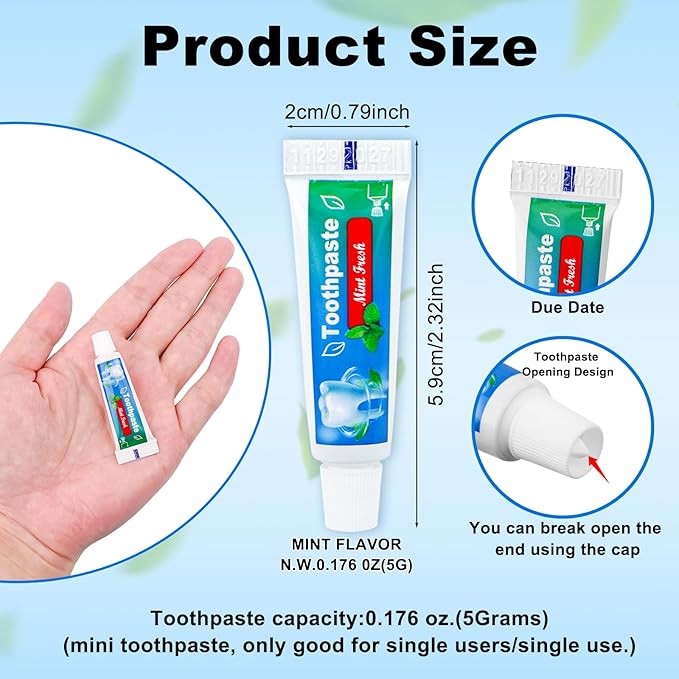 0.176 oz Bulk Travel Size Toothpaste,100 Tubes 5 Grams Extra Small Toothpaste Travel Size Bulk Mint Flavor Mini Disposable Toothpaste for Hotel,Guests,Homeless,School(Too Small,Only be Single Use)
