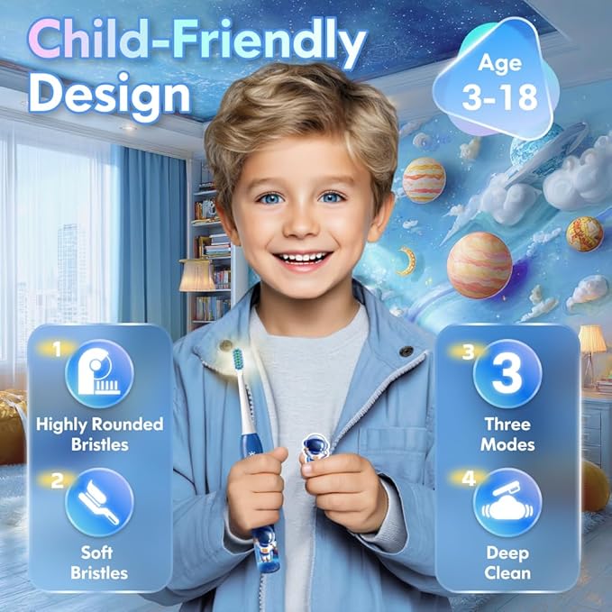 Electric Toothbrush Kids Age 3-5-7-8-12 Year Old, Childrens Electric Toothbrush Rechargeable with Timer 3 Modes 4 Vibrating Heads Habit Stickers 31000VPM Boys Electric Tooth brush (Astronaut Blue)