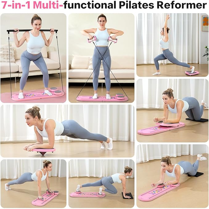 Pilates Board, Pilates Reformer Set, 7 in 1 Multifunctional Pilates Reformer Machine with Timer, Portable Foldable Pilates Board for Home Workout, Pilates Kit with Storage Bag-StrideForce Fitness