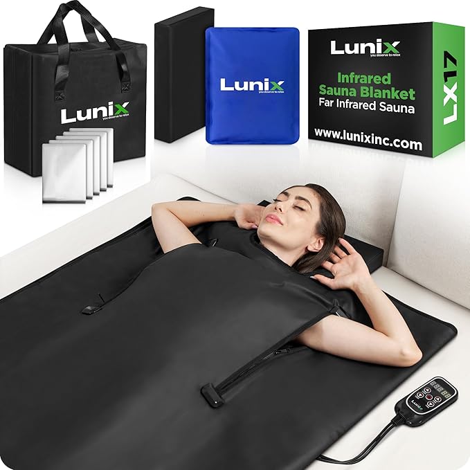 Lunix LX17 Infrared Sauna Blanket for Home, Portable Sauna for Detox, Pain Relief & Recovery, Adjustable 77–176°F Far Infrared Heat with Head Pillow, Detox Wrap & Hot Cold Gel Pack – Jet Black-StrideForce Fitness