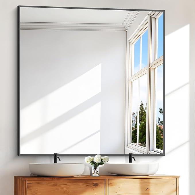 Bathroom Mirror,48x48 inch Large Wall Mirror for Bathroom Wall Mounted,Black Rectangle Wall Mirrors,Square Mirror for Living Room,Farmhouse, Bedroom Entryway, Horizontal/Vertical-StrideForce Fitness