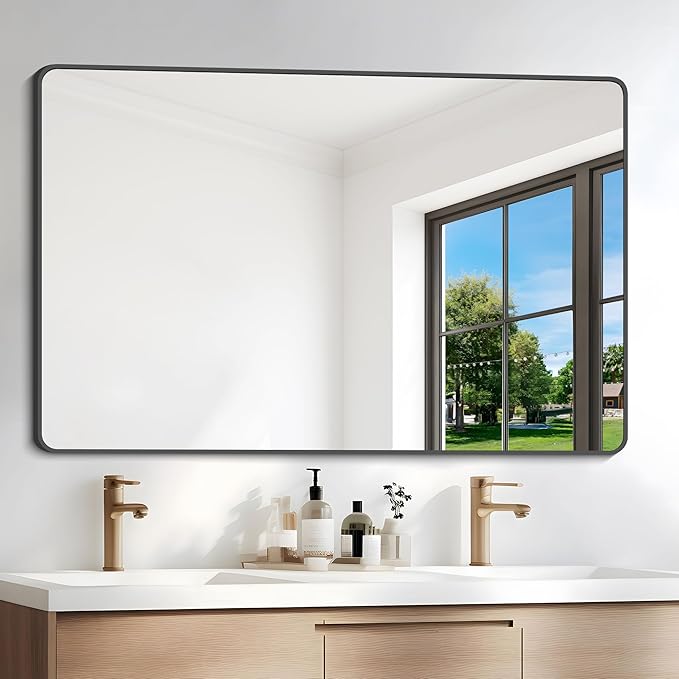 36" x 55"Bathroom Mirror, Matte Black Wall Mirror with Metal Frame, Decorative Rectangular Vanity Mirror for Bedroom Bathroom Living Room Entryway (Horizontal/Vertical)-StrideForce Fitness