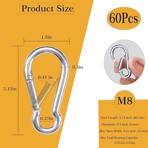 60 Pcs Carabiner Clip Spring Snap Hook, M8 3 Inch Heavy Duty Galvanized Steel Spring Snap Hook, Quick Link Keychain Clip for Keys Swing Set Camping Fishing Hiking Traveling(550 lbs Capacity)-StrideForce Fitness