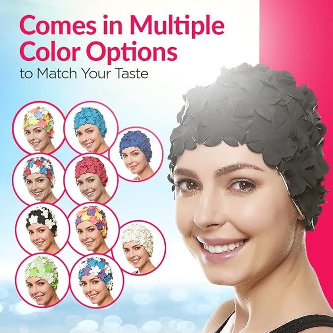 BEEMO Floral Petal Ladies Bathing Swim Cap Women Retro Swim Hat Long/Short Hair-StrideForce Fitness