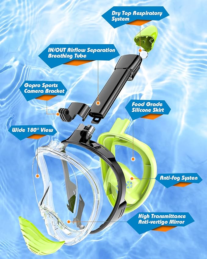 QingSong Full Face Snorkel Mask for Adults, Snorkeling Gear with Camera Mount, 180 Degree Panoramic View Snorkel Set Anti-Fog Anti-Leak-StrideForce Fitness