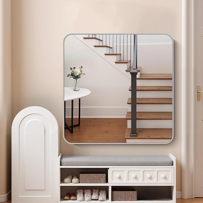 FORBATH 42x42 Inch Silver Bathroom Mirror for Over Sink, Large Square Wall Mirror with Metal Frame, Rounded Corners for Bathroom, Bedroom, Entryway Decor (Horizontal or Vertical)-StrideForce Fitness