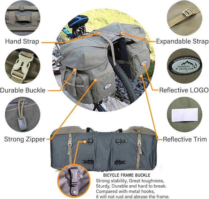 Dreamoon 50L Bike Panniers, Waterproof Bicycle Commuting Bag Saddle Bags with Rain Cover, Bike Rear Seat Bag Carrier with Reflective Trim, Cycling Organizer for Width Less Than 6.3 inches Rack (Gray)-StrideForce Fitness