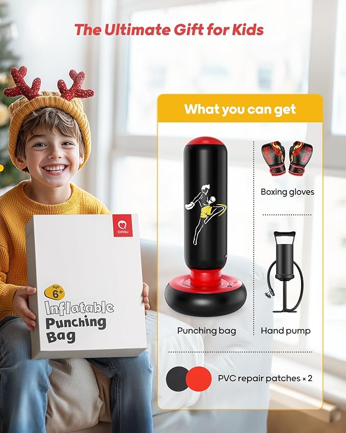 QPAU Kids Punching Bag Toy with Boxing Gloves, 66 Inch Larger Stable Kids Inflatable Boxing Bag Set, Gifts for Boys & Girls Age 6-12, for Practicing Karate, Taekwondo, MMA-StrideForce Fitness