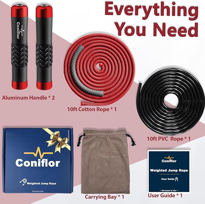 Weighted Jump Rope, 1LB Tangle-Free Ball Bearing Rapid Speed Skipping Rope for Men Women, Adjustable 9mm Cotton & PVC Rope with Alum Handle for Boxing MMA Weight-Loss Athletic Workout Fitness-StrideForce Fitness