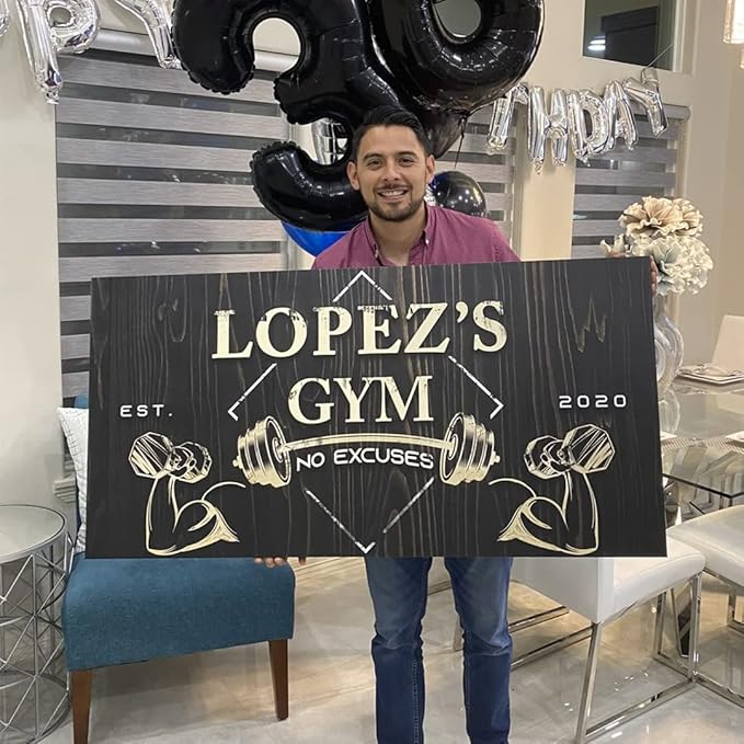 Tailored Canvases Personalized Gym Sign Wall Art Decor - Motivational Canvas for Home, Workout Room, Garage, Fitness Center - Inspirational Posters With Name on Wooden Background, 48x24in-StrideForce Fitness