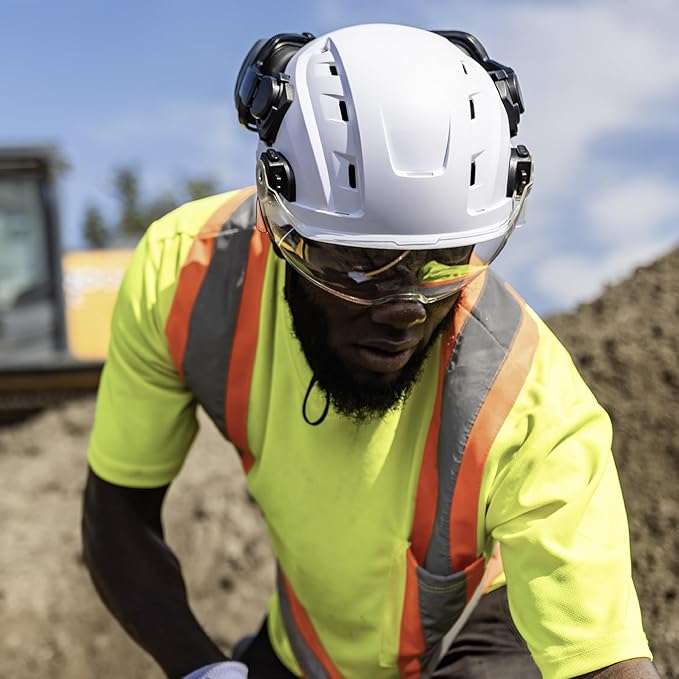 GE Safety Helmet, Impact Absorbing Tech, Adjustable Ratchet, ANSI Type 1, Memory Foam Padding, Hard Hats Protection, Lightweight, Durable, Chin Strap, Comfortable Fit OSHA Approved-StrideForce Fitness