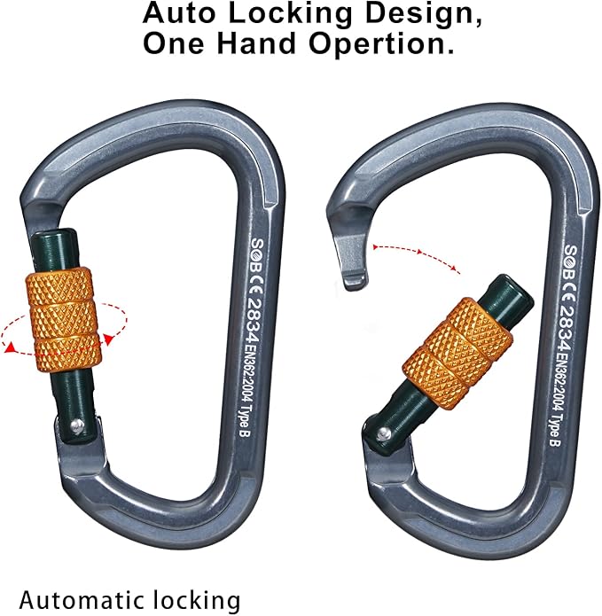 Auto Locking Rock Climbing Carabiner Clips, Heavy Duty Asymmetrical Carabiner Connector Used for Rappelling Rescue Outdoor Climbing, Mountaineer, Hammock, Camping-StrideForce Fitness