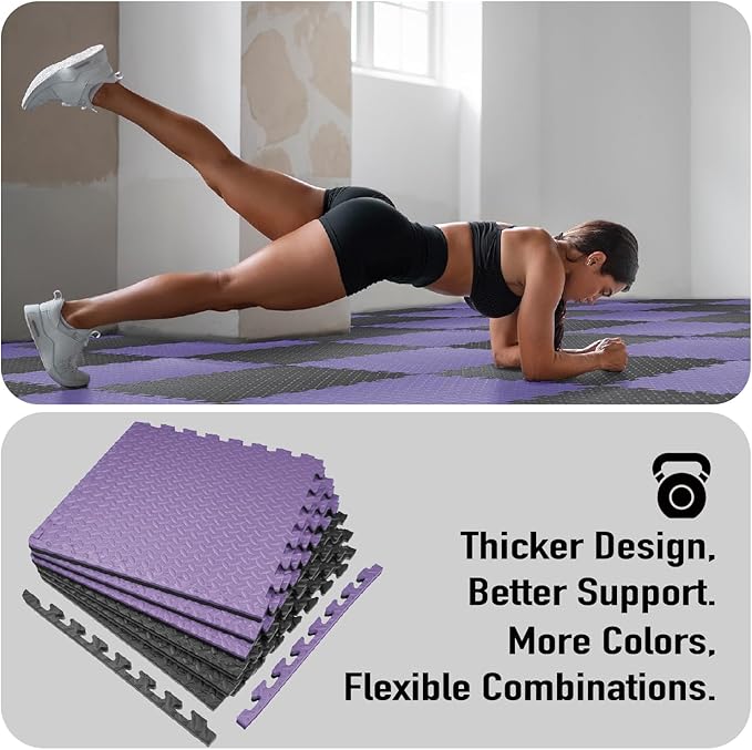 AIRHOP Upgraded 0.79" Extra Thick 48 Sq Ft High-Density Eva Foam Exercise Gym Mats, 12 Pcs Large Interlocking Puzzle Floor Tiles (24"x24") for Home Gym, Black&Purple-StrideForce Fitness