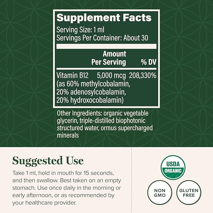 Global Healing Center - Vitamin B12 Sublingual 5000 MCG Organic Liquid Supplement, Methylcobalamin, Adenosylcobalamin, Hydroxo Long-Lasting Energy and Healthy Metabolism - Vegan B12 Vitamins (1 Oz)-StrideForce Fitness