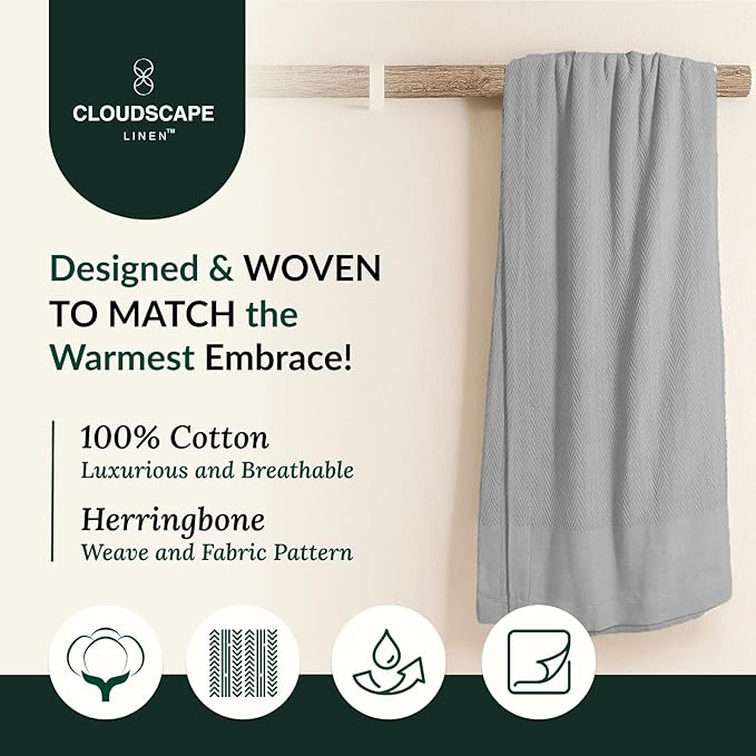 Cloud Scape Linen Herringbone Cotton Throw Blanket for Couch, Bed, Home Decor, Soft, Lightweight, All-Season Travel Blanket, 50 x 70, Light Grey-StrideForce Fitness